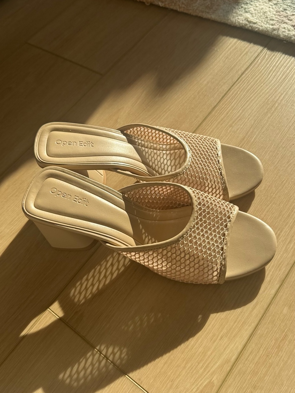 Open Edit Beige Mesh Block Heel Mules